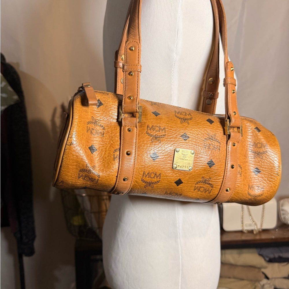MCM Cognac Monogram Barrel Bag